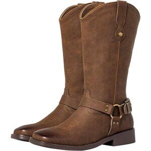 Women's Brown Buckle Strap Wide Calf Square Toe Western Riding Cowgirl Boots